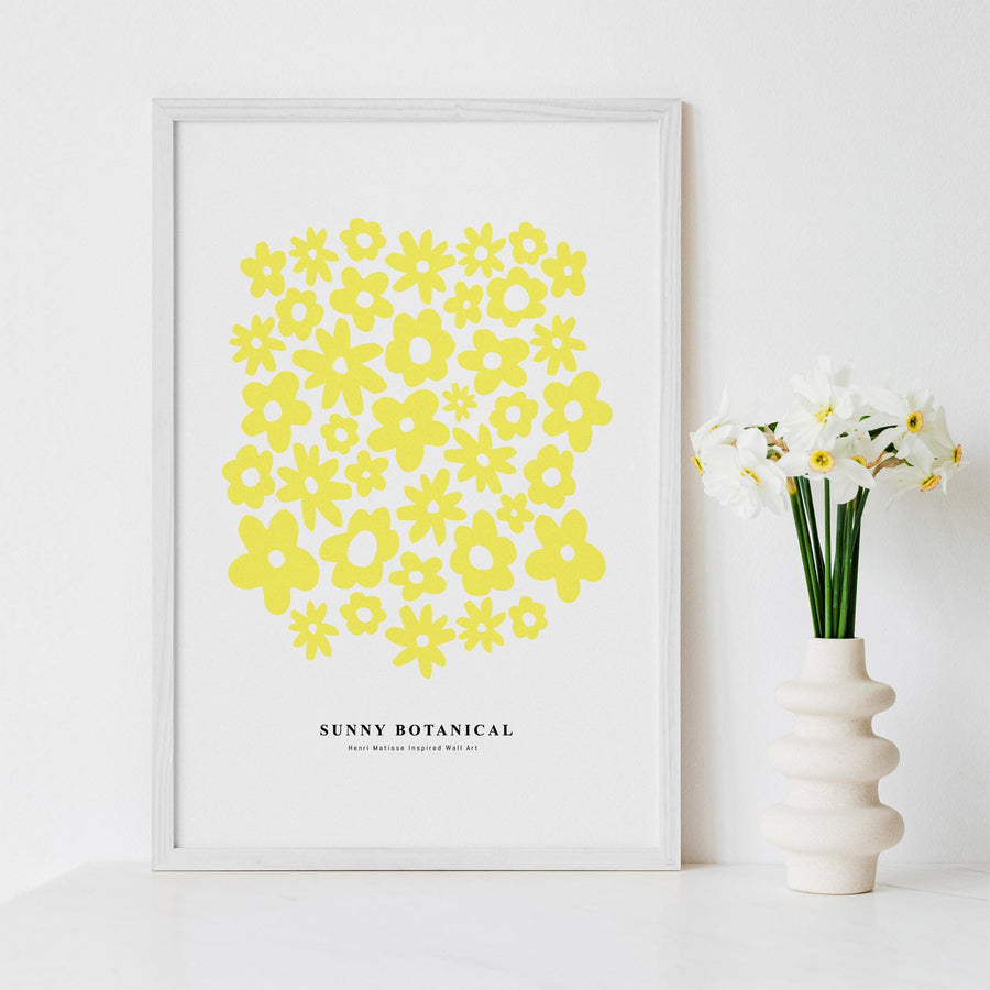 botanical inspired poster with bright yellow flowers