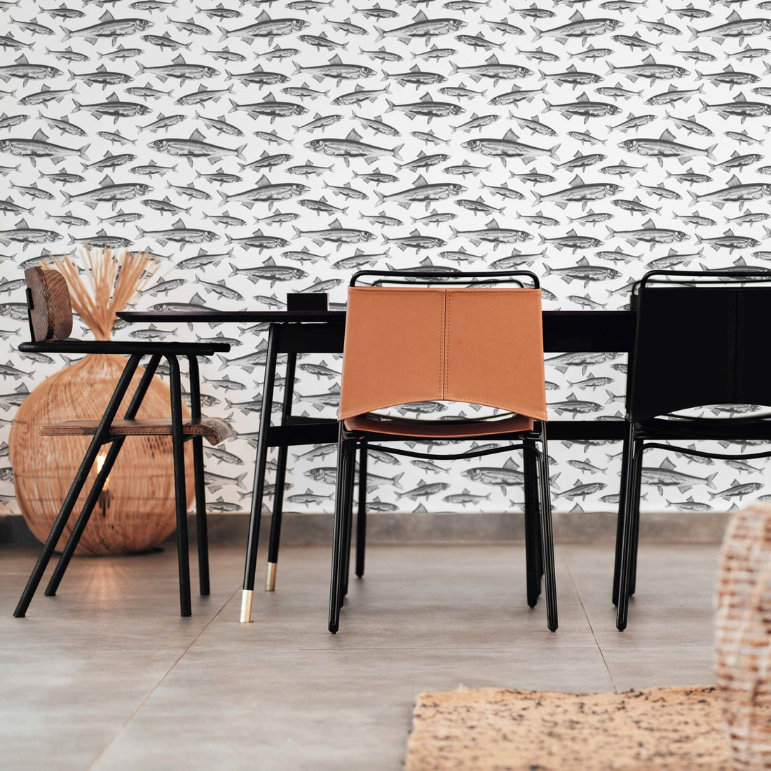 little grey fish pattern removable wallpaper in dining room interior