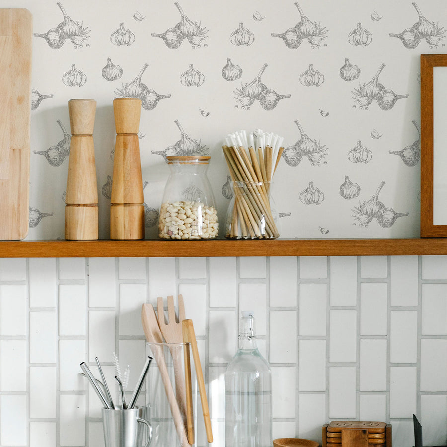retro food inspired wallpaper for a modern kitchen design with open shelves