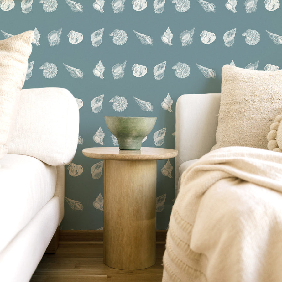 beach house lounge with coastal seashells wallpaper