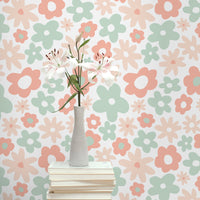 fun retro floral print wallpaper design in pastel pink and green