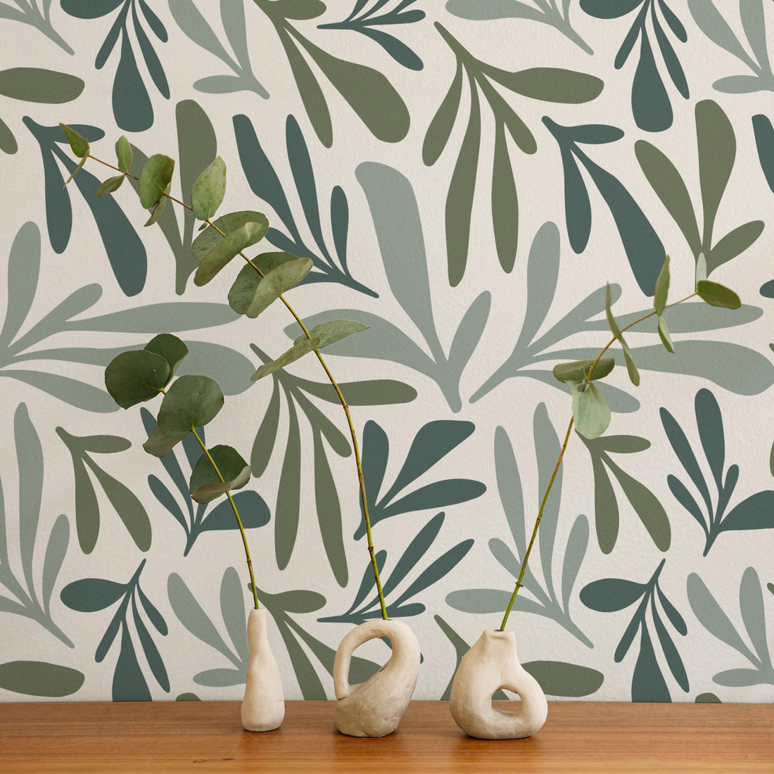 wallpaper with multiple botanical flowers in green