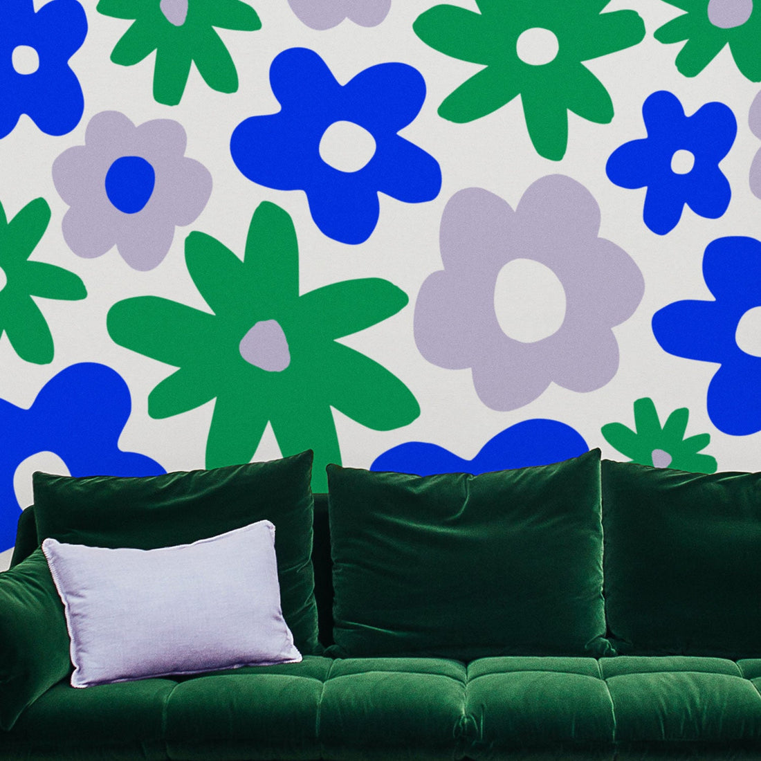 retro flower pattern wall mural in green and blue