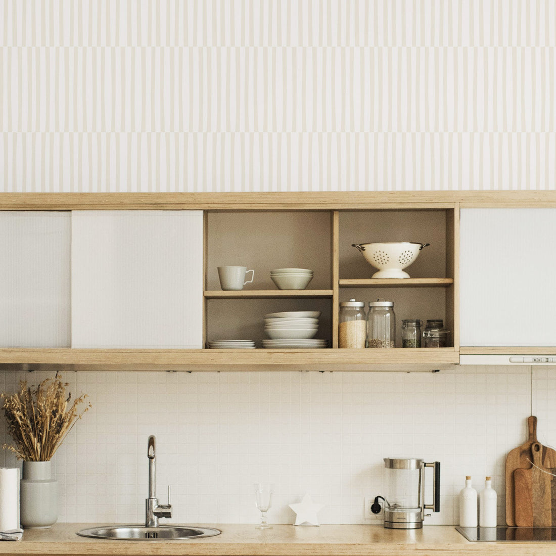 light beige simple lines removable wallpaper for modern scandinavian style kitchen