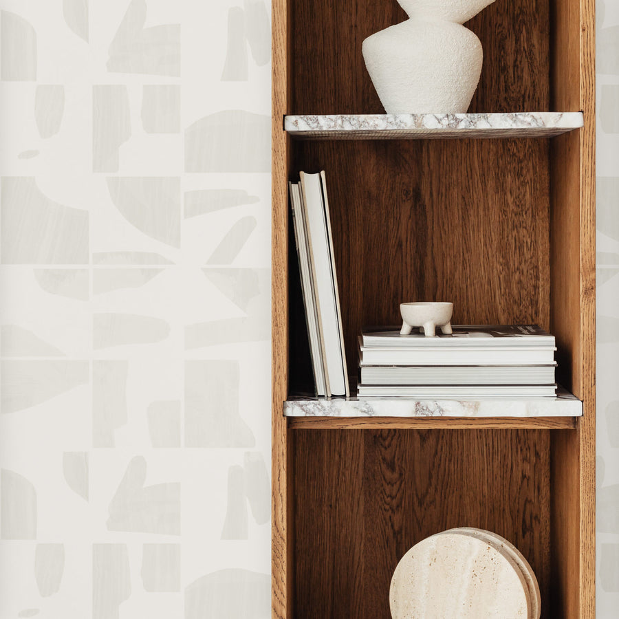 neutral geometric shapes inspired removable wallpaper with shelves interior