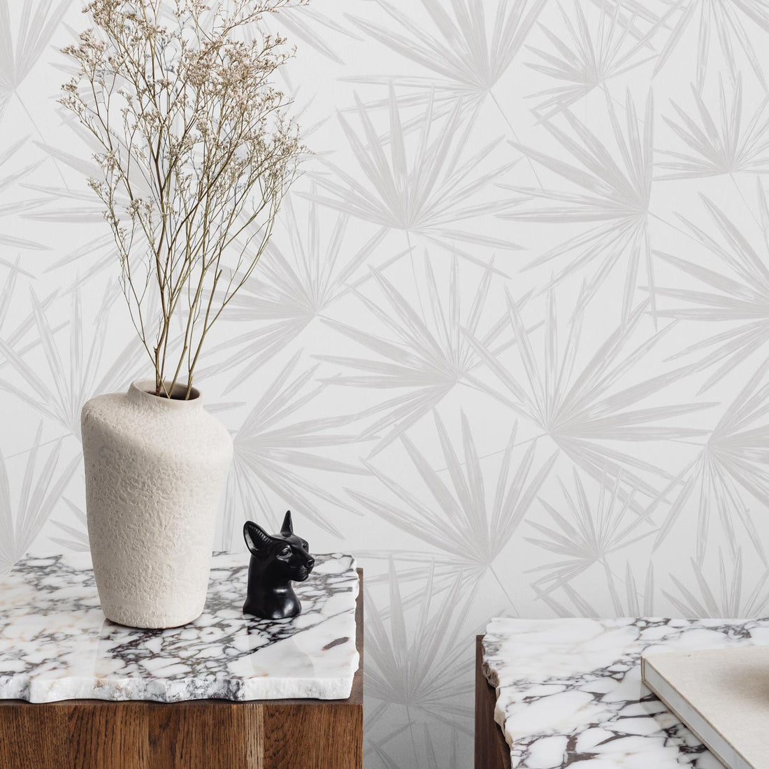 light grey tropical palm leaves design wallpaper for scandinavian bathroom