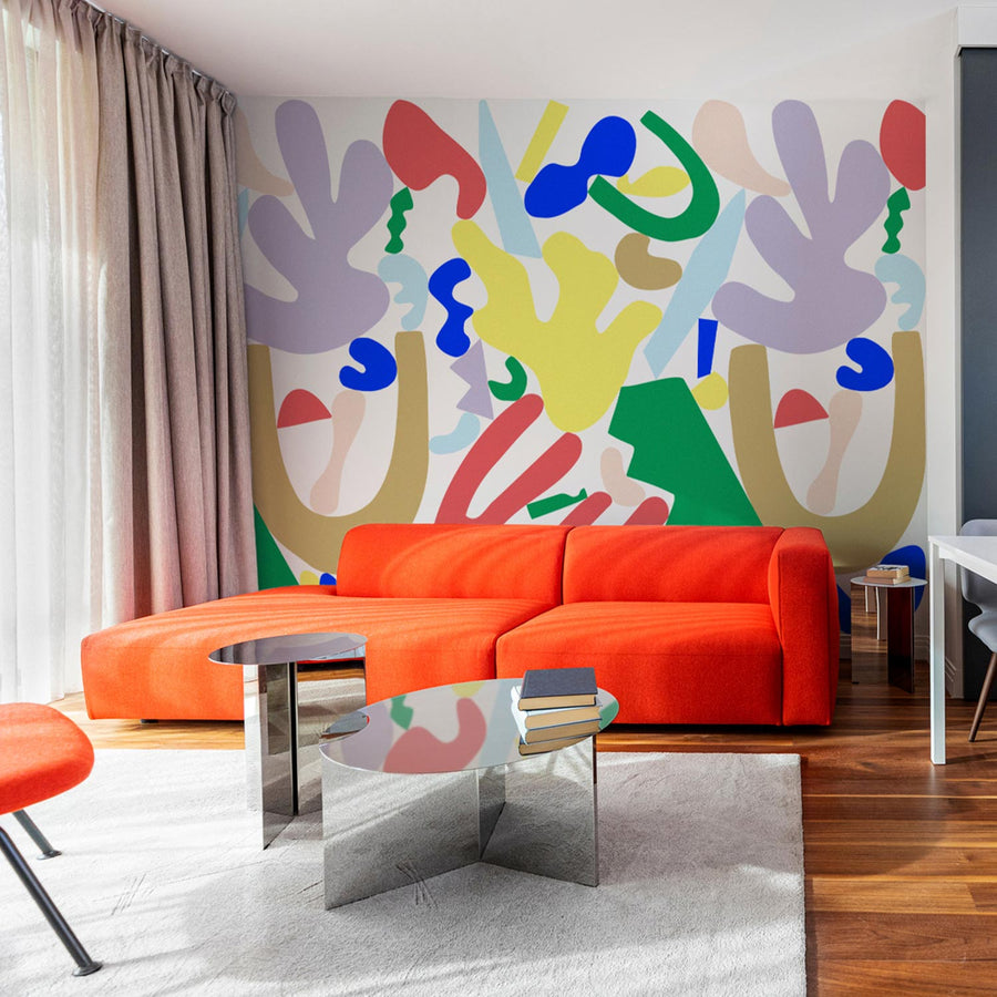 colorful abstract print wall mural for fun living room interior