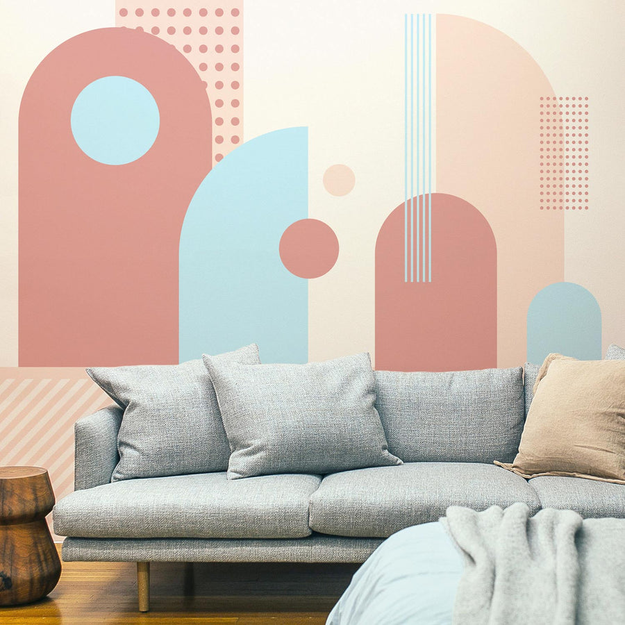 pastel geometric shapes inspired by big city for living room