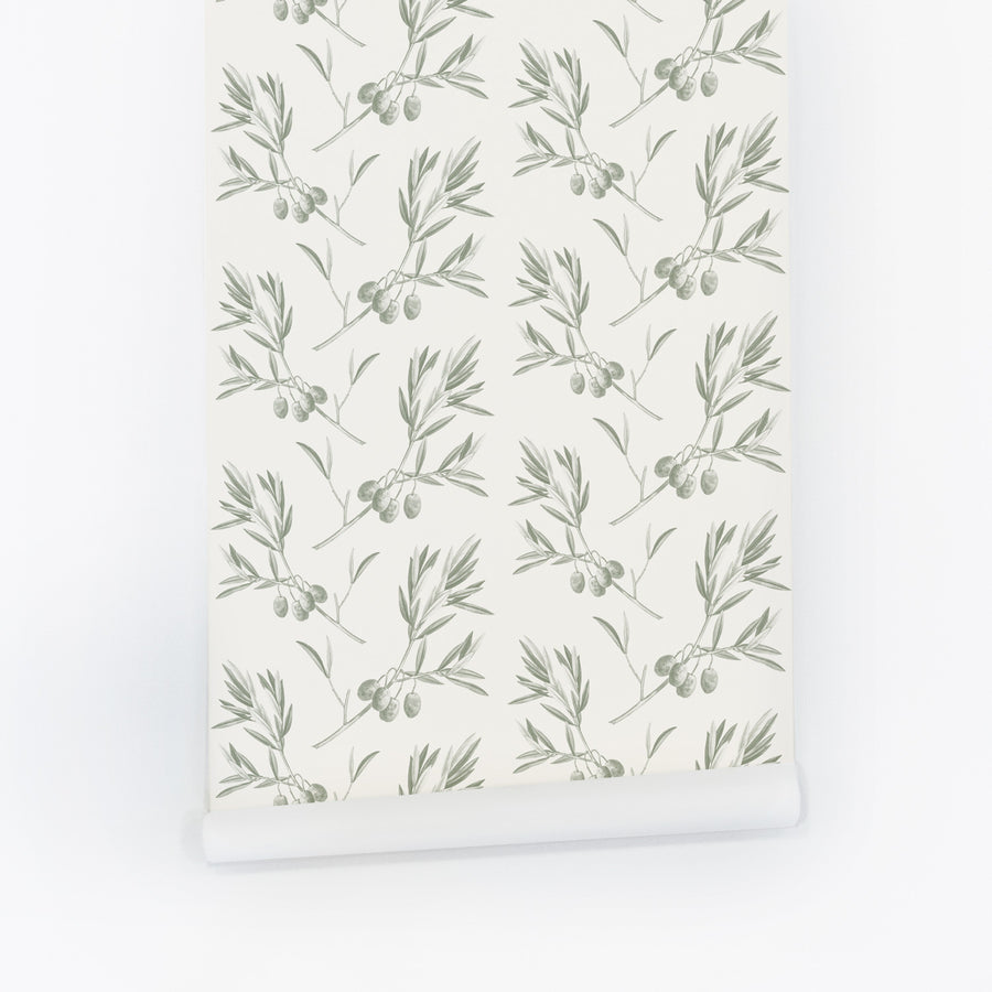 vintage green print removable wallpaper with olive tree pattern