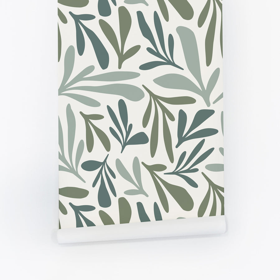 green modern farmhouse inspired wallpaper with floral motifs