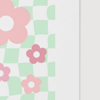 checkered art print design with flowers close up