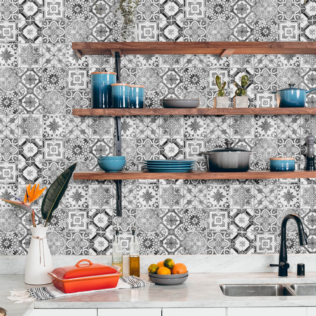 grey lisbon tiles inspired wallpaper as kitchen backsplash
