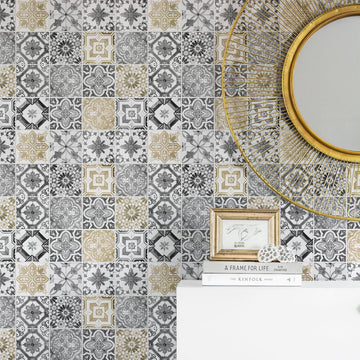 faux gold and grey tile effect wallpaper for entryway with gold mirror