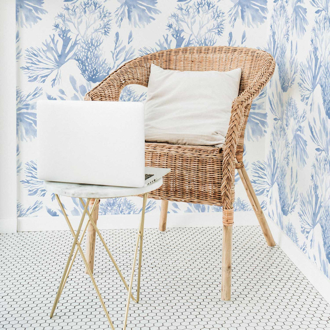 light blue coral inspired wallpaper pattern for entryway