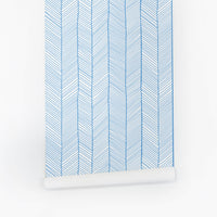 blue herringbone removable wallpaper with tiny chevron striped for nursery interior
