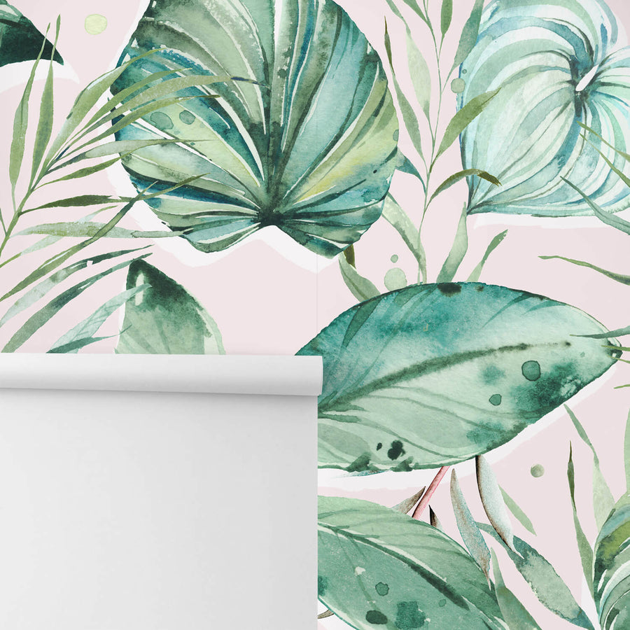 Removable wallpaper with pink tropical design