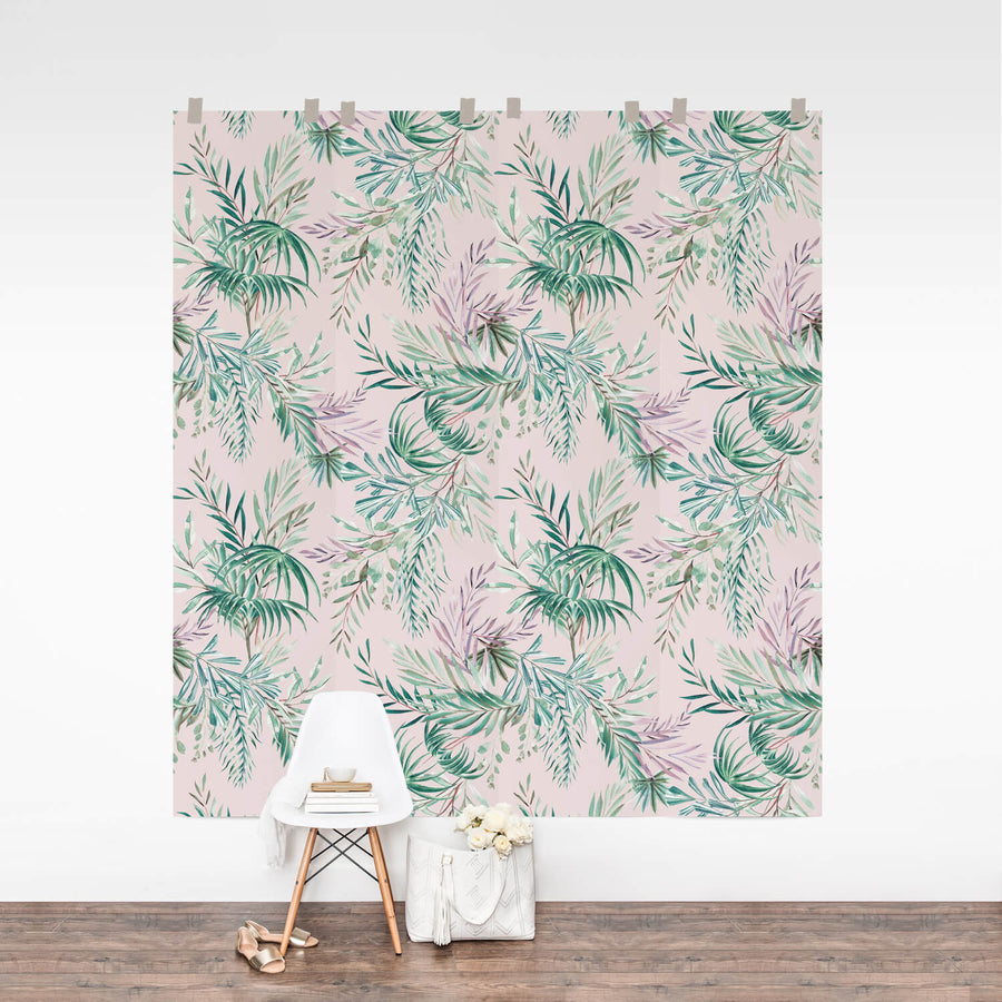 Blush pink tropical removable wallpaper with botanical design