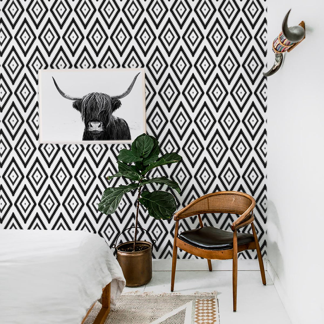 Black and white tribal print removable wallpaper