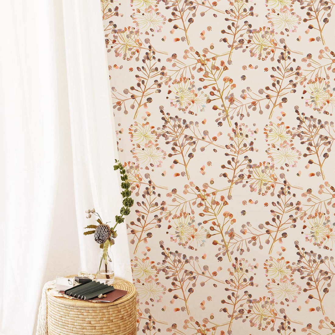 Autumn color palette removable wallpaper in bohemian girl's room with flowers and rattan furniture