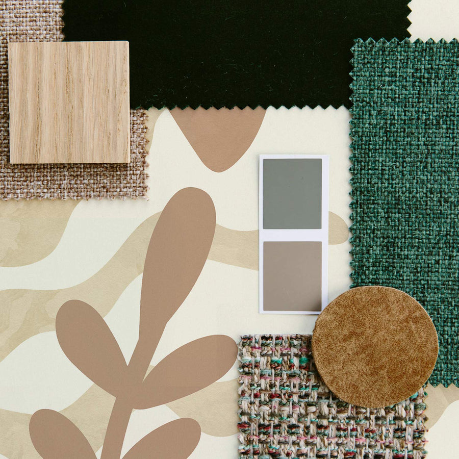 Jungle theme wallpaper in kids room mood board with neutral tones and green accents