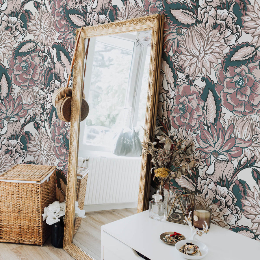 Bohemian paisley removable wallpaper for boho bedroom interior with gold mirror, rattan laundry basket and white dresser