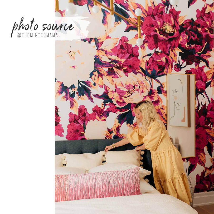 bright pink peonies print wallpaper for feminine bedroom interior