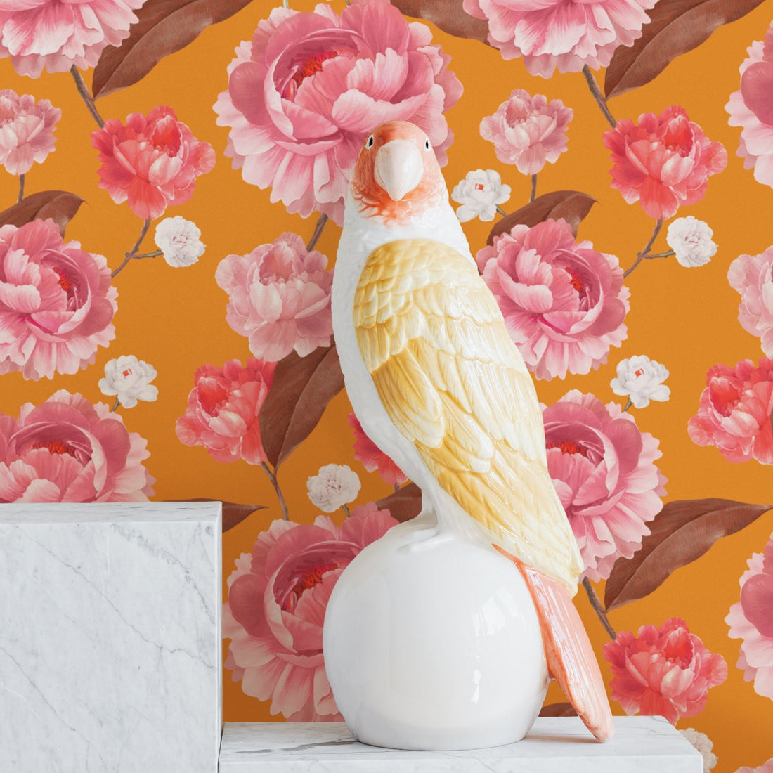 Bright orange and pink color removable wallpaper with watercolor peonies for bohemian interiors