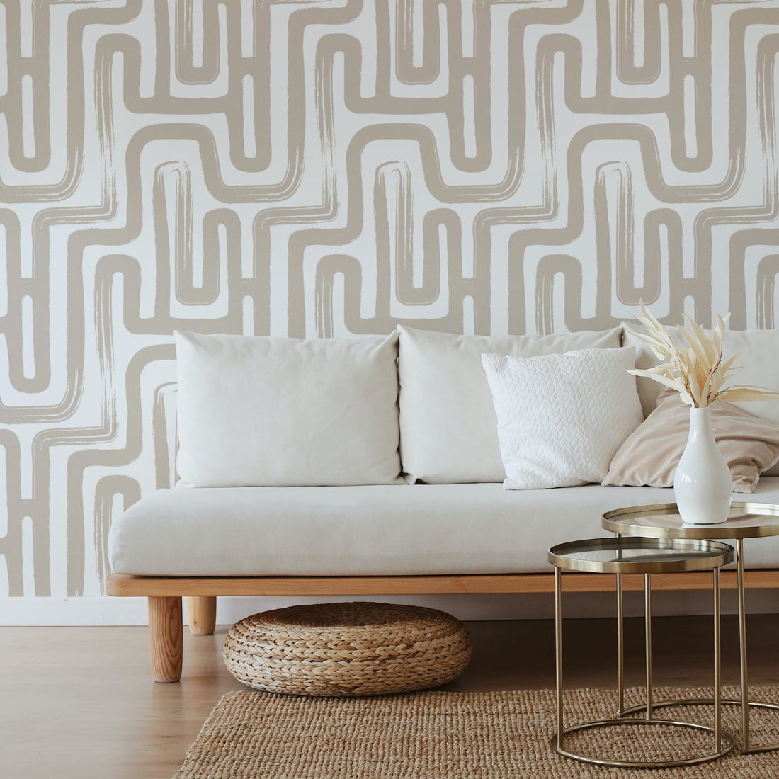 light beige bohemian living room interior with lines pattern wallpaper