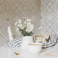 classic farmhouse dining room interior with diamond shape planks inspired wallpaper
