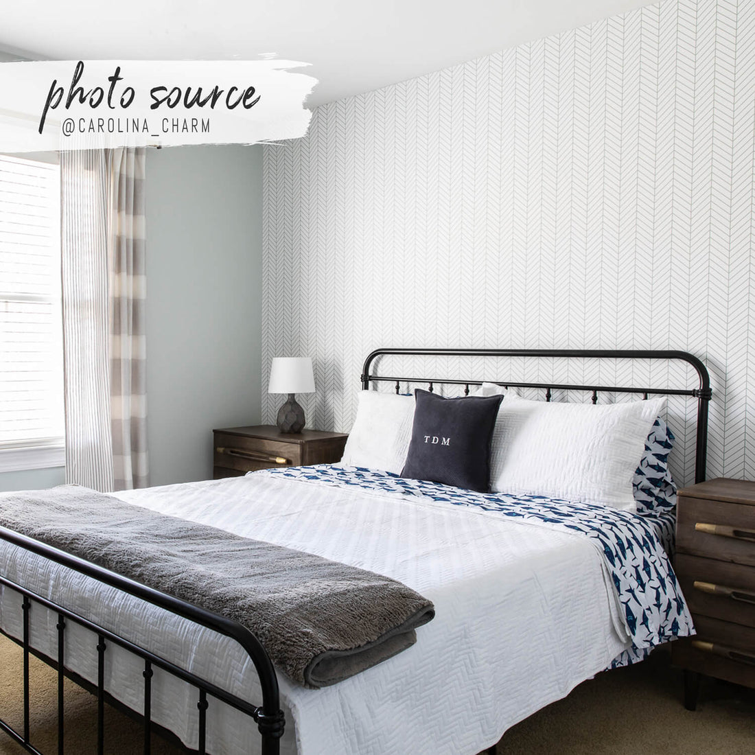 classic teen bedroom with herringbone pattern wallpaper design
