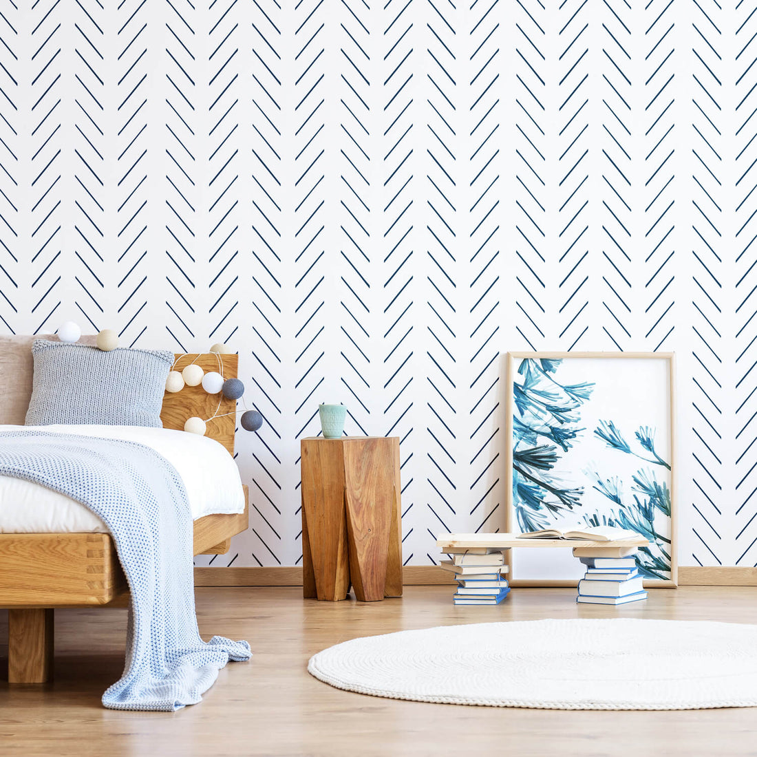 coastal kids bedroom with navy herringbone stripes removable wallpaper