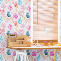 bright coral pattern wallpaper design for coastal kids bedroom design