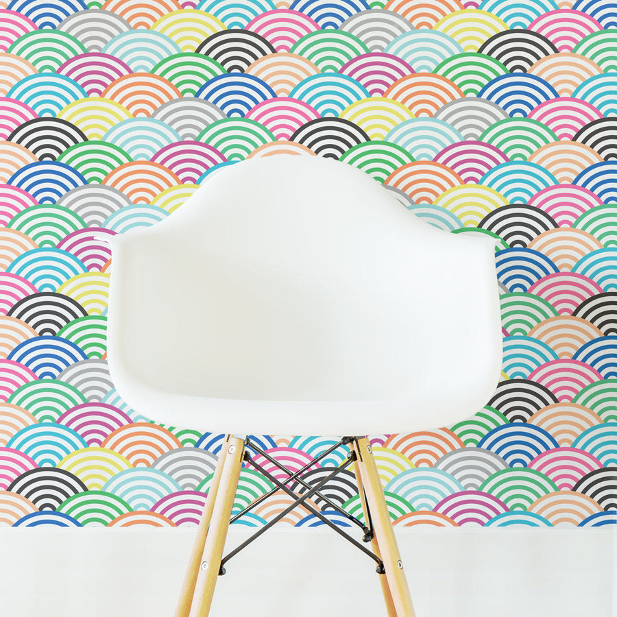 bright and modern scallop print peel and stick wallpaper