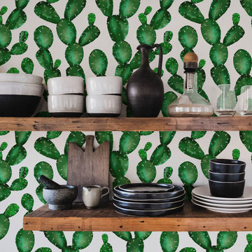 bold green desert inspired wallpaper for kitchen with shelves