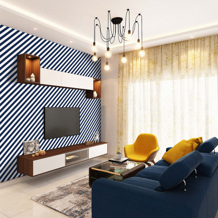 diagonal lines in blue and white for living room