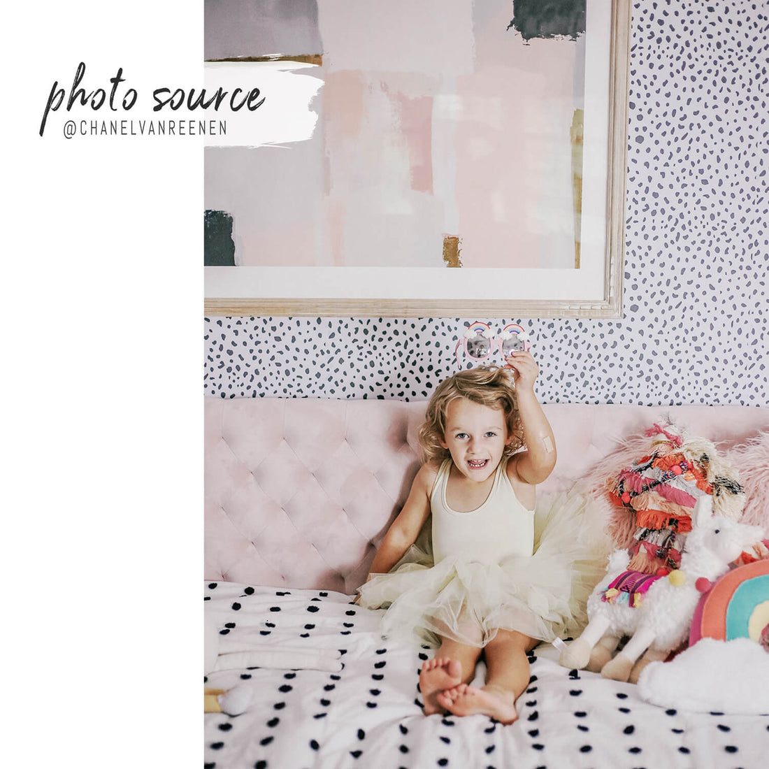 eclectic pink rainbow kids bedroom with grey spots wallpaper pattern