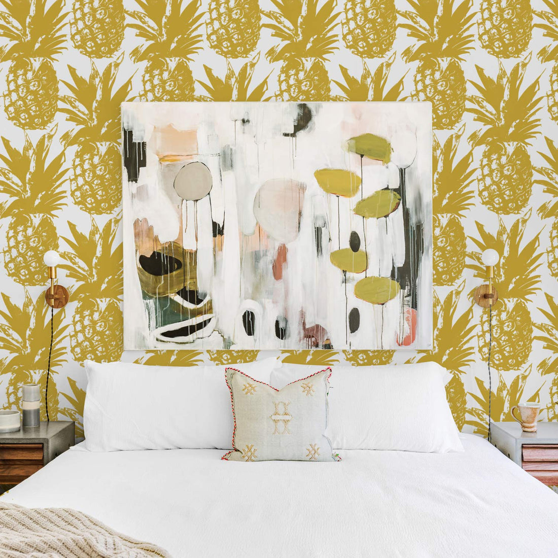 eclectic tropical bedroom with faux gold pineapple pattern wallpaper