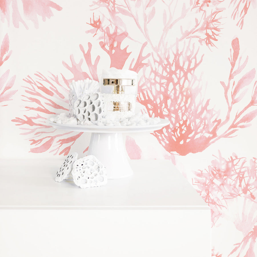 Watercolor coral removable wallpaper in blush pink color