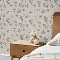 vintage botanical print wallpaper design for bedroom interior