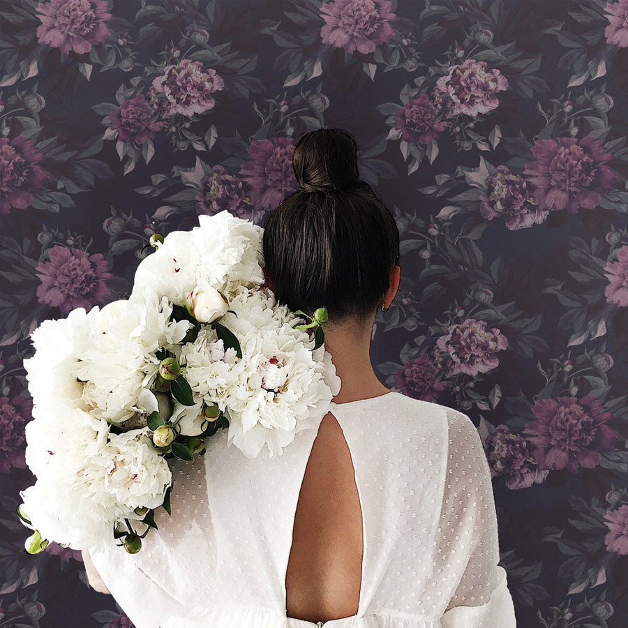 Dark floral peonies removable wallpaper