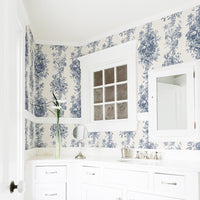 vintage floral pattern wallpaper in blue for white bathroom