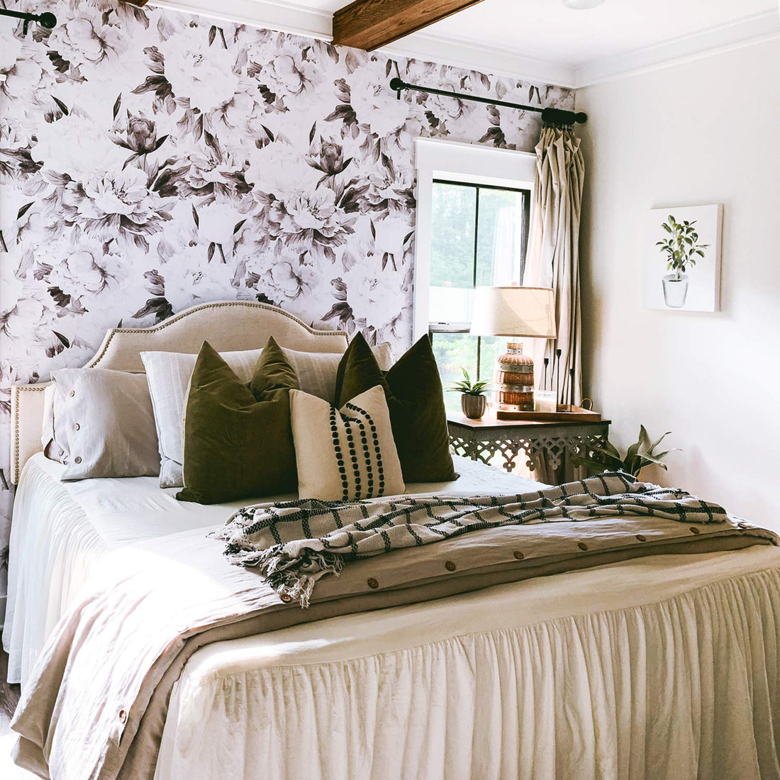 grey watercolor peonies wallpaper in bohemian bedroom