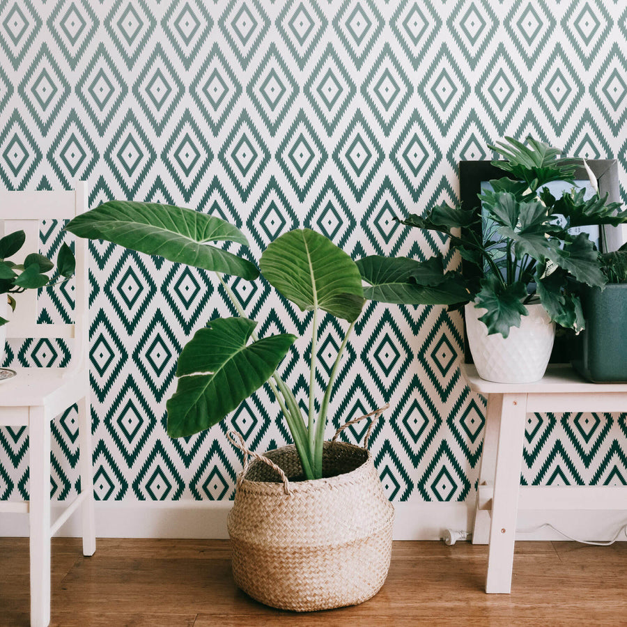 green aztec print wallpaper design for living room