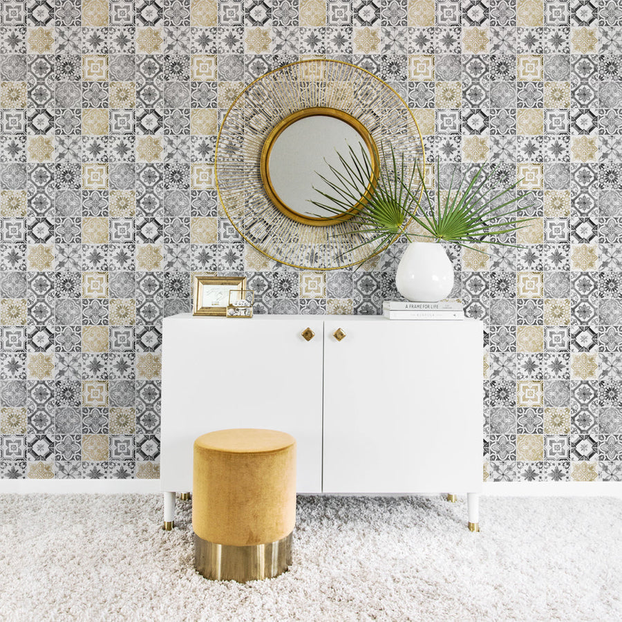 grey and faux gold removable wallpaper with tile design