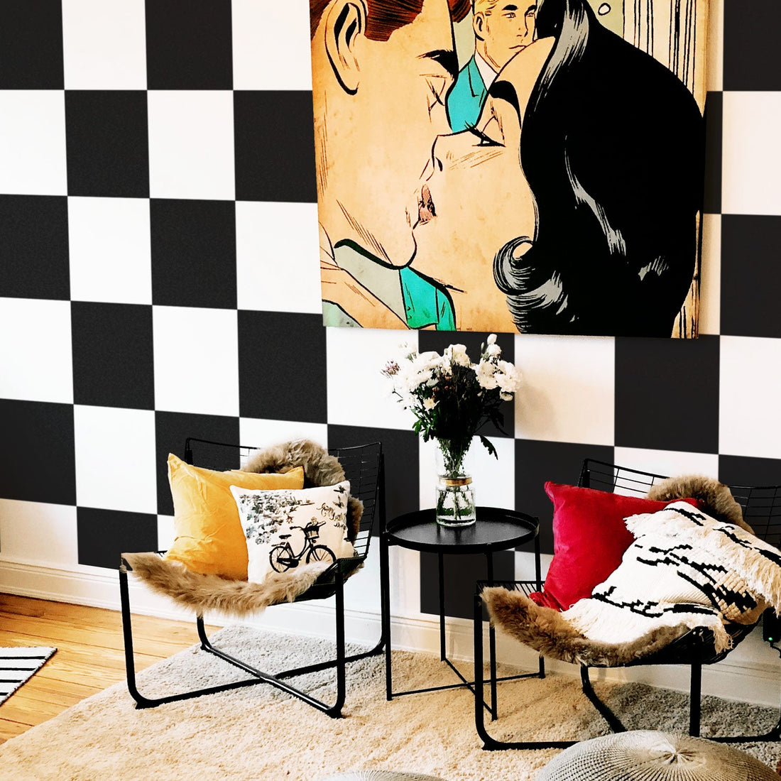 Eclectic pop art style interior with removable wallpaper
