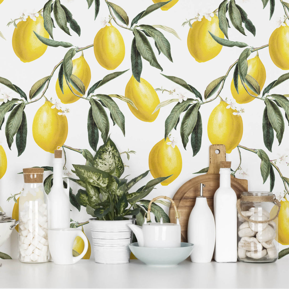 Vintage lemon design removable wallpaper for modern farmhouse kitchen and dining room interior