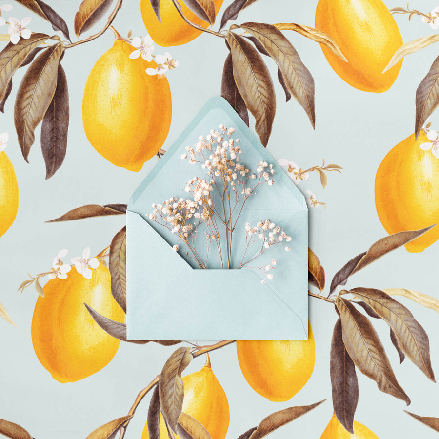 Baby blue color removable wallpaper with lemons for baby nursery interiors