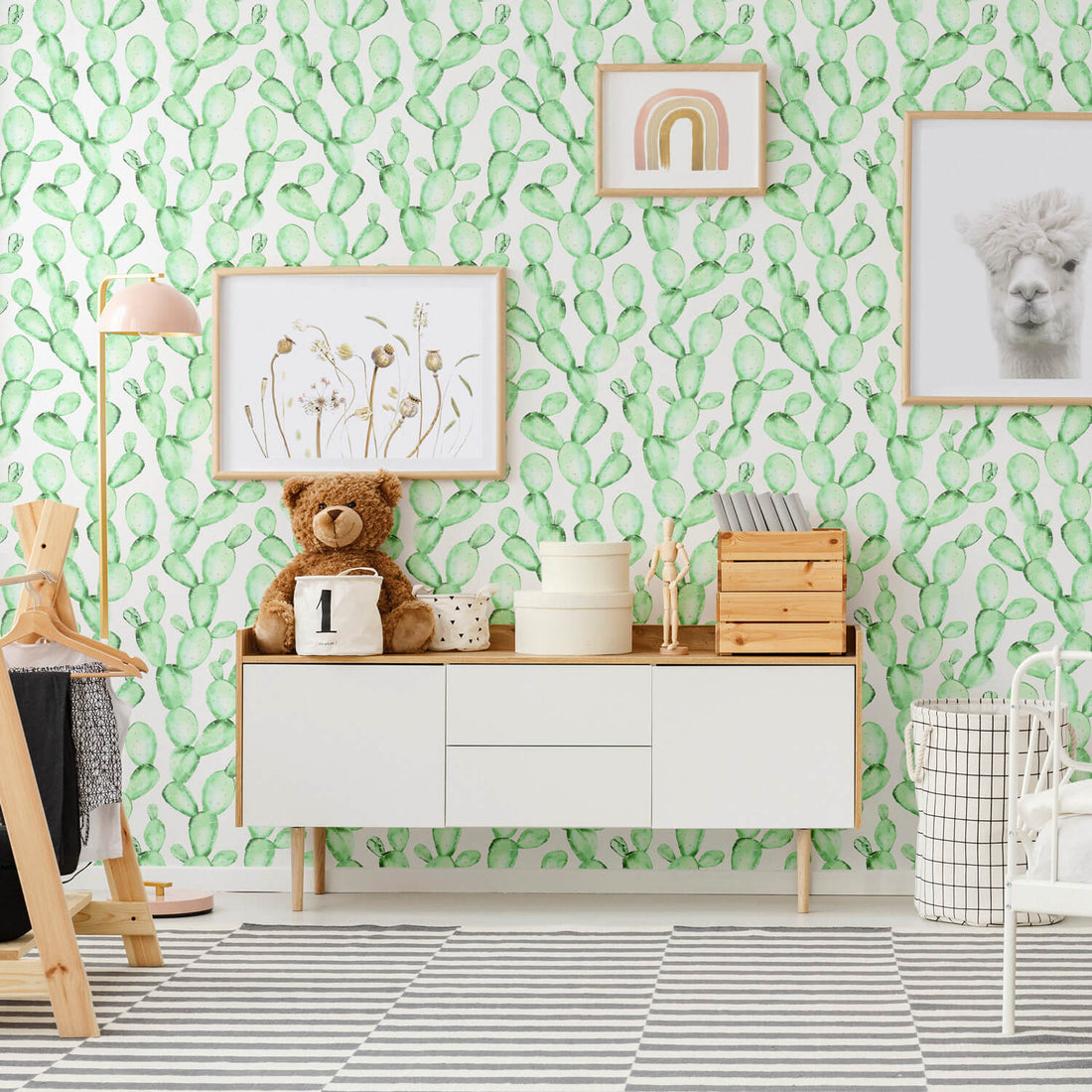 light green blurred effect cactus inspired wallpaper design for neutral baby nursery