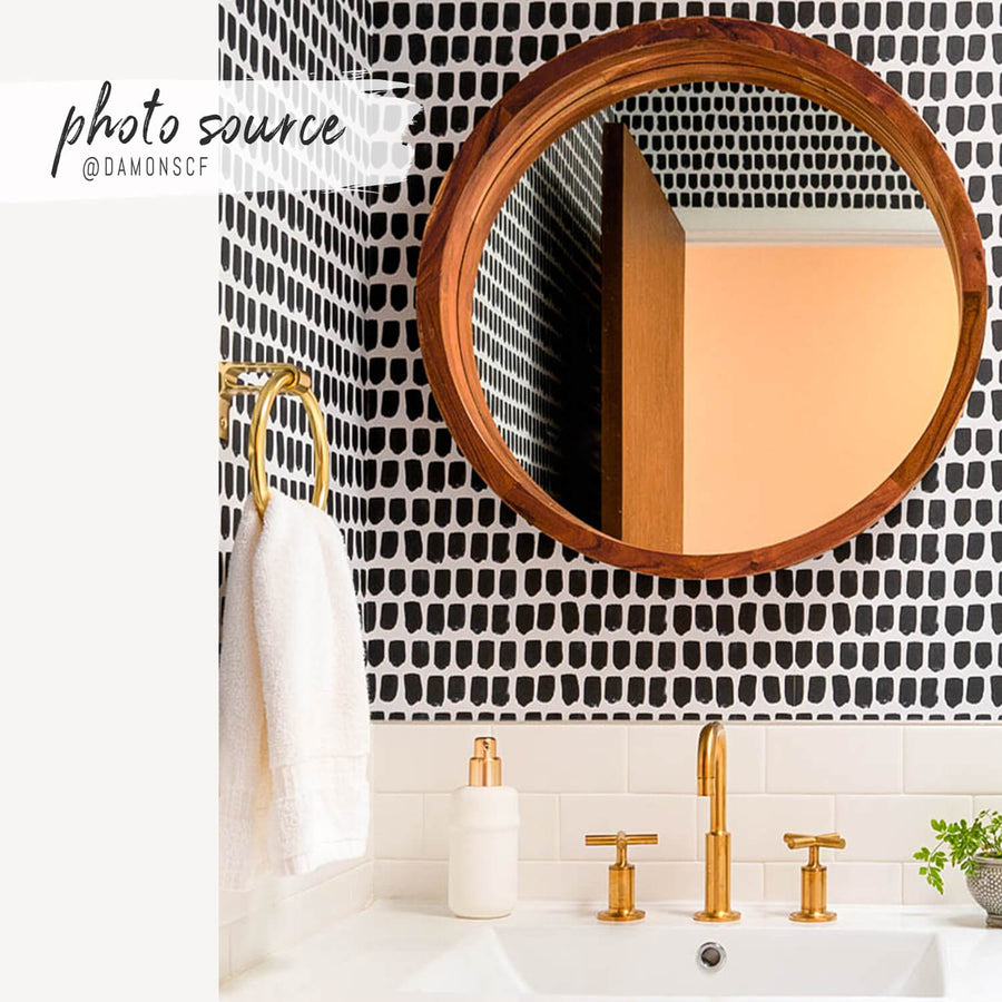 modern scandinavian bathroom interior with small pattern wallpaper