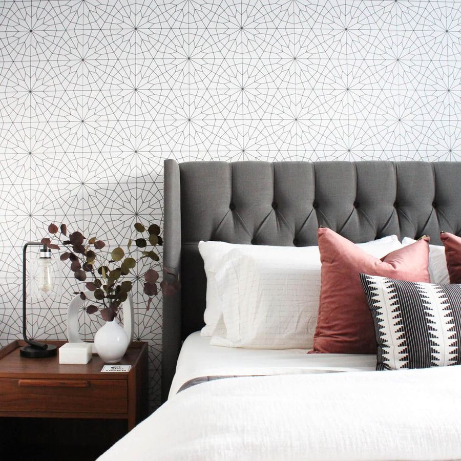 Mid century modern bedroom interior with delicate geometric design removable wallpaper feature wall